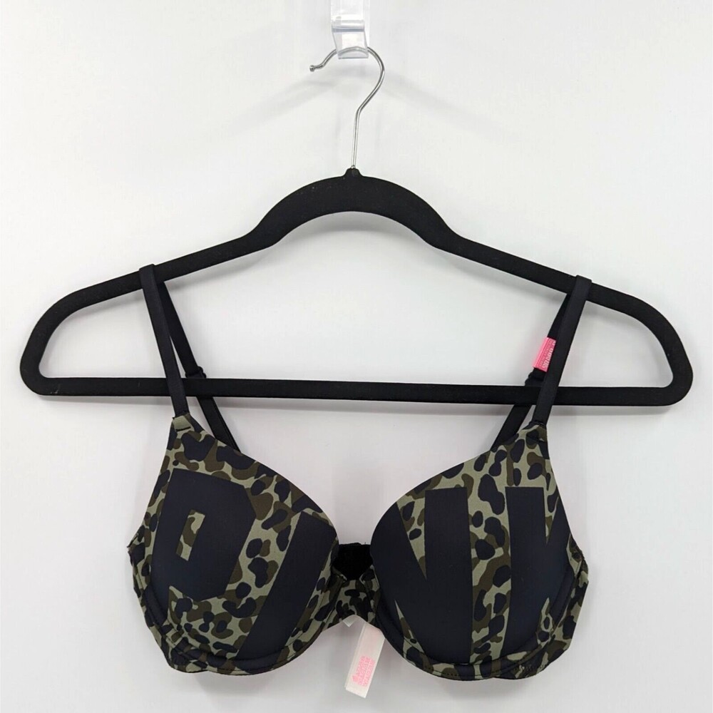 Victoria's Secret PINK Bra Women's 32C Green Black Camouflage Logo Push Up